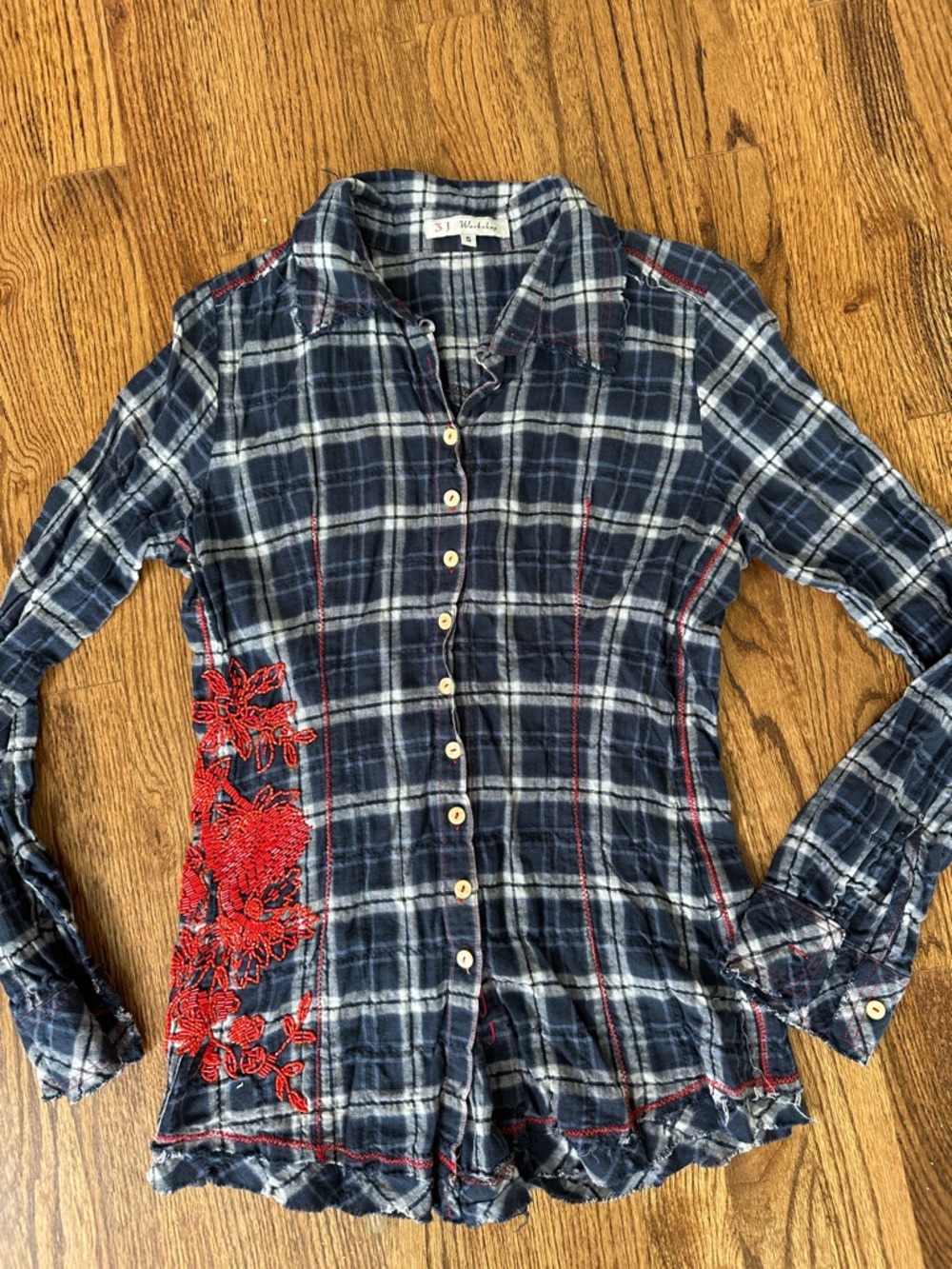 Woven Plaid Button-Down Shirt with Red Floral Embroidery